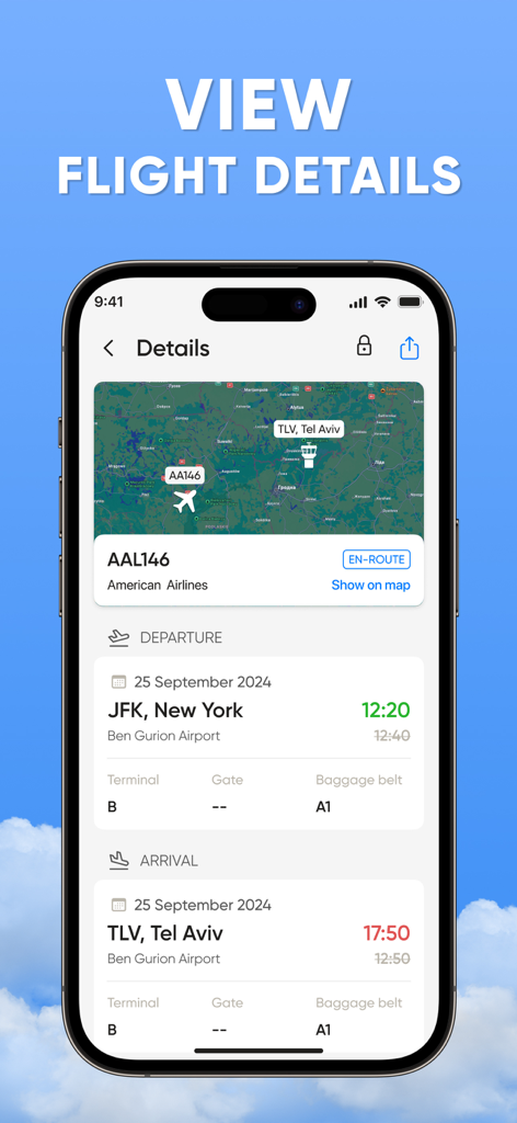 Smartphone screen showing detailed flight information and tracking map for an American Airlines flight from New York to Tel Aviv.