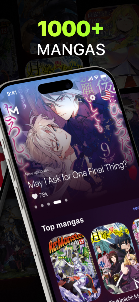 Tela do iPhone exibindo a interface do aplicativo Manga Reader com uma biblioteca de mais de 1000 títulos e séries populares como Re Monster.