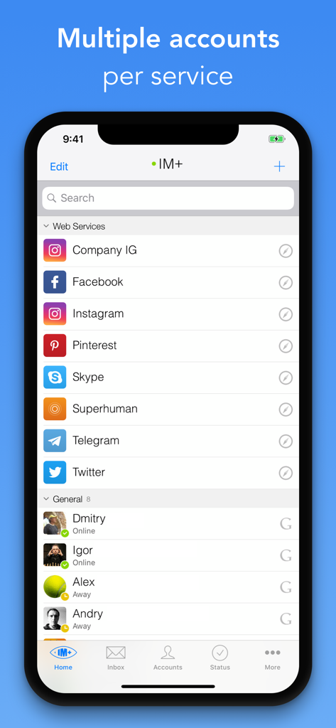 IM Plus Pro app screen showing multiple social media accounts and contact online status