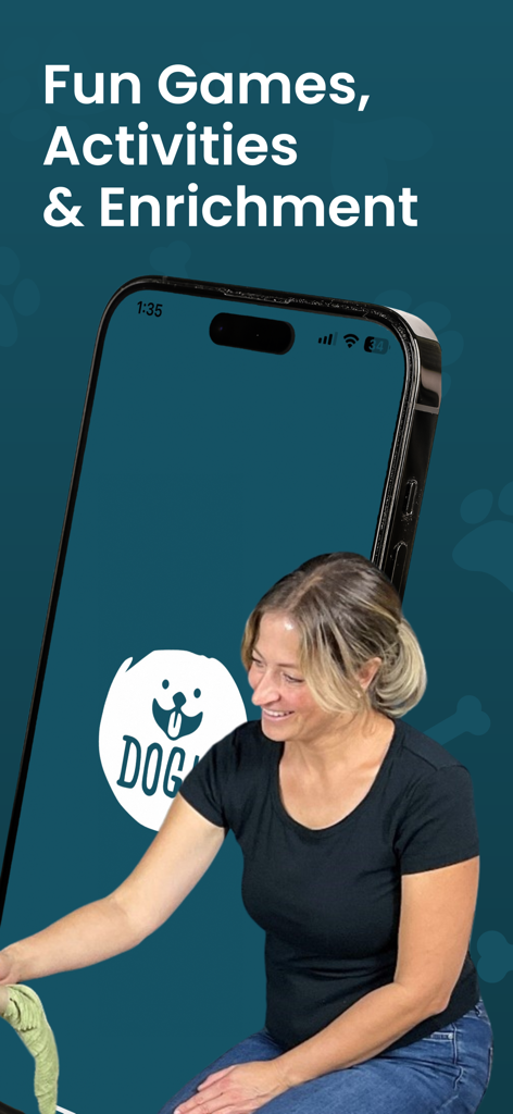 DOGLi - Dog Enrichment & Games - A woman setting up a dog enrichment activity with the headline Fun Games Activities and Enrichment.