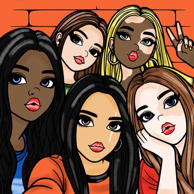 group of teen girls friends y2k up close in a selfie