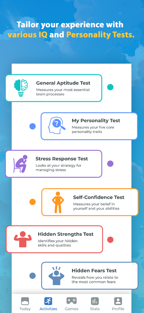 Brainwell Brain Training Games - Brainwell app screen showing a menu of IQ and personality tests for cognitive and mental wellness assessment