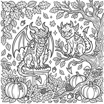 Dive into a world where ancient evil meets autumn's beauty with this unique coloring page featuring demonic gargoyles amidst fall foliage. Perfect for those who love a touch of the macabre mixed with the cozy charm of the season.