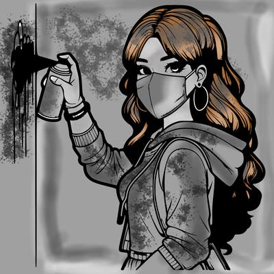 realistic girl with mask spray painting a wall