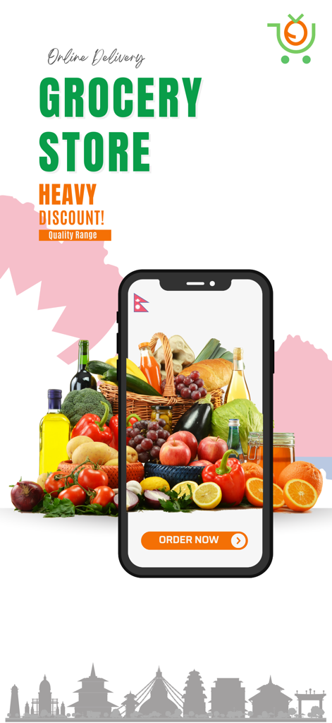 Delli Drop - Delli Drop App-Oberfläche wirbt für Online-Lebensmittellieferungen in Nepal mit frischen Produkten und Rabatten