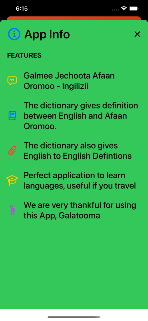 Afan Oromo English Dictionary - A screen displaying the features of the Afan Oromo English Dictionary app including definitions and translation services