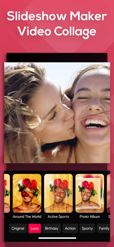 Slideshow Maker app interface displaying video collage editing with mood filters and photo effects.