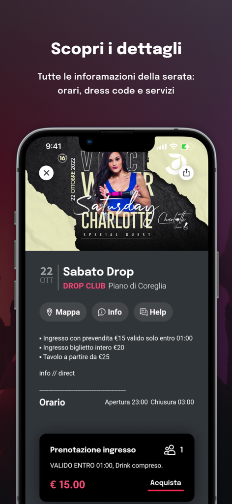 Clubbing app interface displaying nightclub event information and ticket booking options