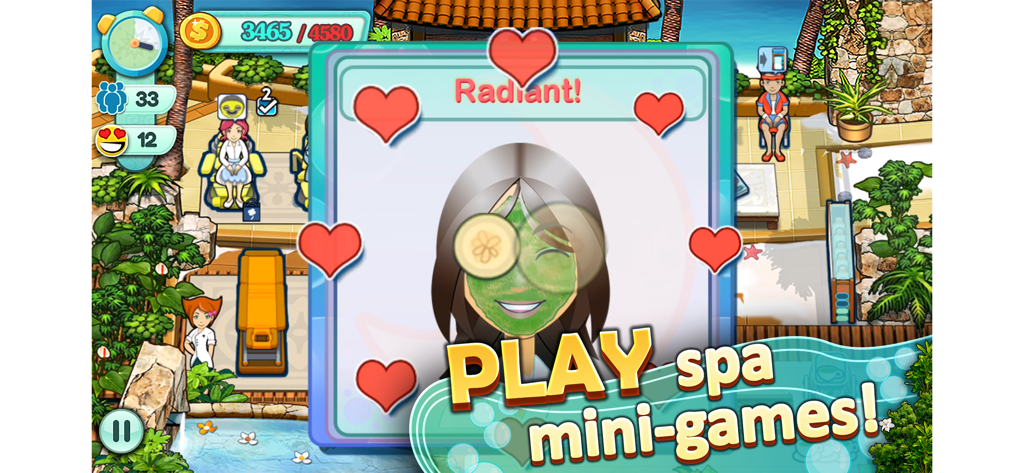 A facial mask mini game in Sallys Spa featuring a customer with cucumbers on their eyes and hearts