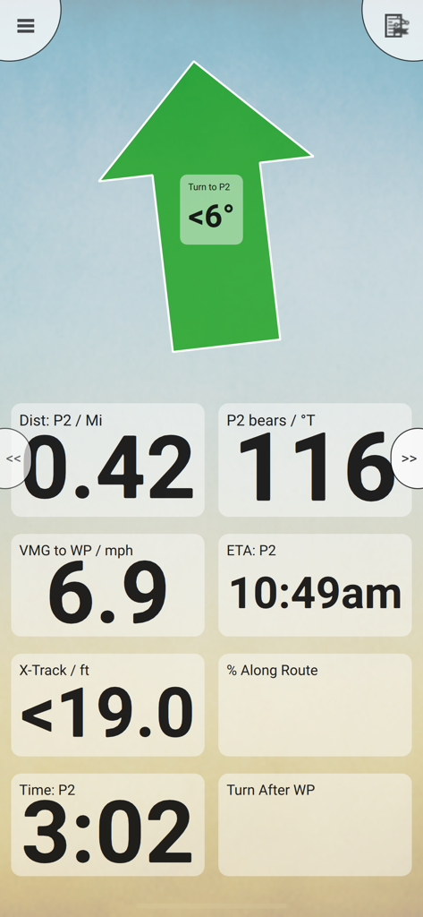 Memory-Map for All - Memory Map navigation dashboard with a large steering arrow and data fields for distance bearing and ETA