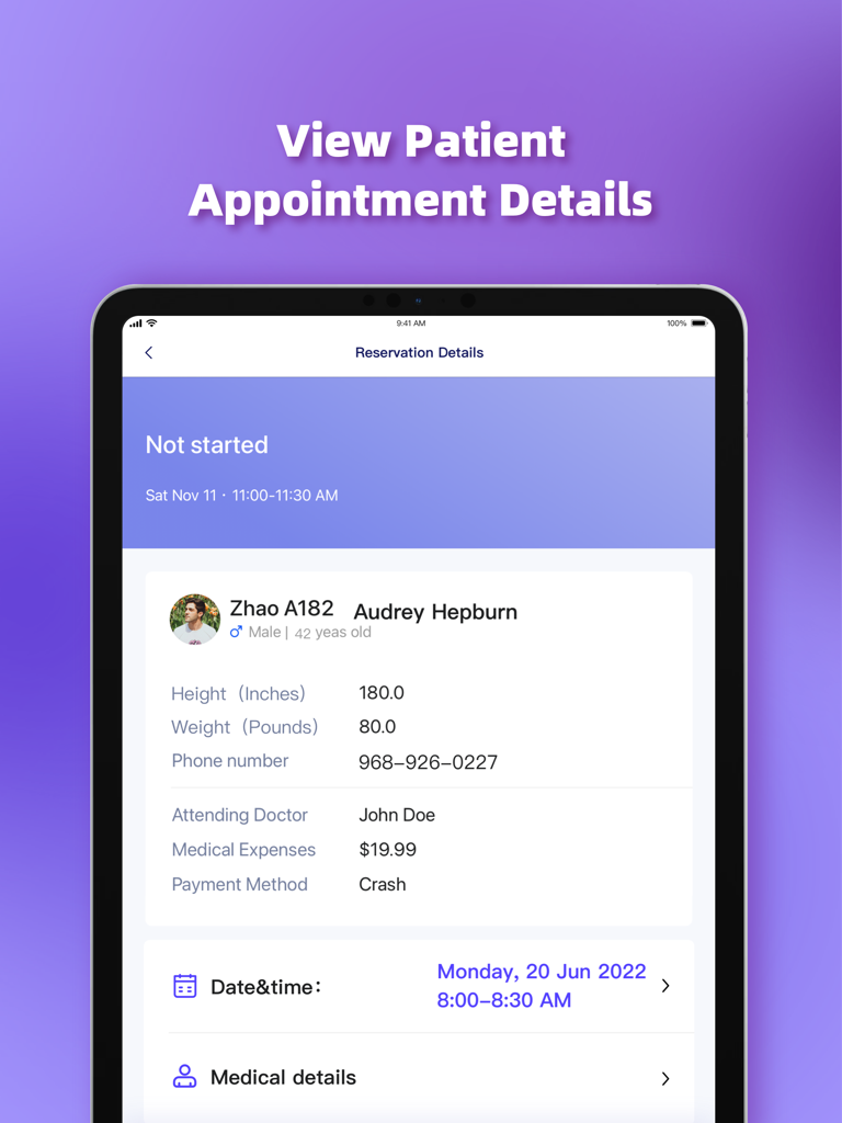 La aplicación MyCare Provider muestra los detalles de la cita del paciente e historiales médicos en un iPad.