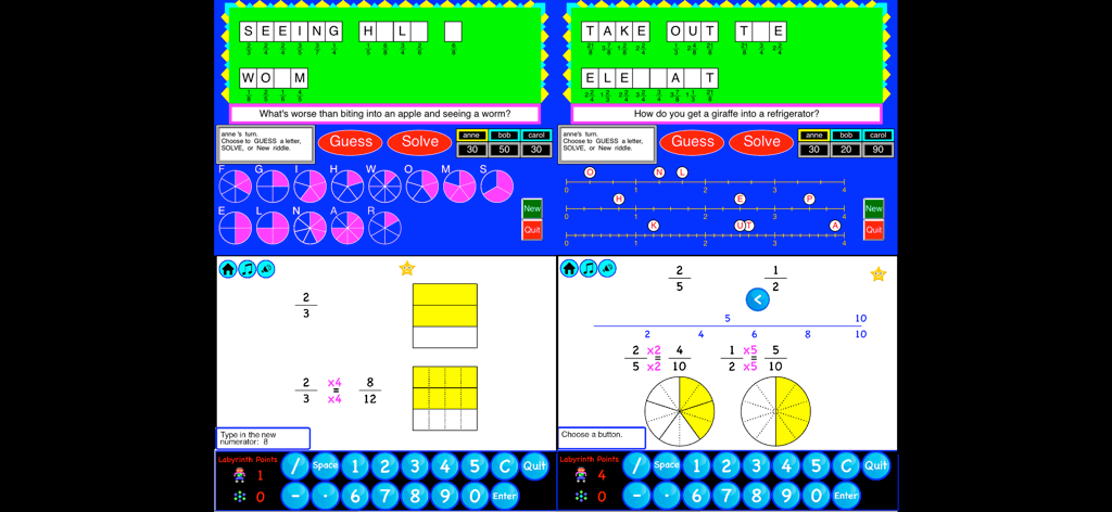 4th Grade Math - Math Galaxy - Screenshots of 4th Grade Math Galaxy app showing fraction lessons and educational riddles for students.