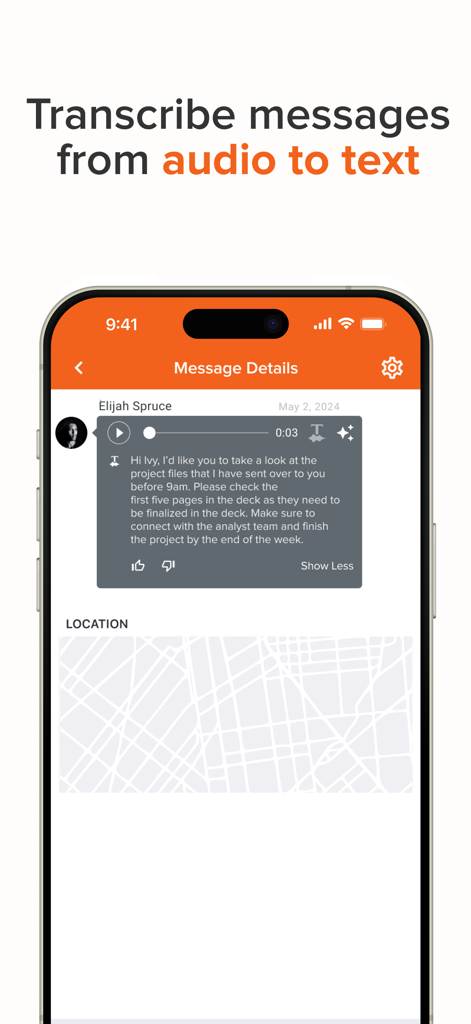 Voxer Walkie Talkie Messenger - Interfaccia dell'app mobile Voxer che mostra un messaggio vocale trascritto in testo per comunicazioni aziendali