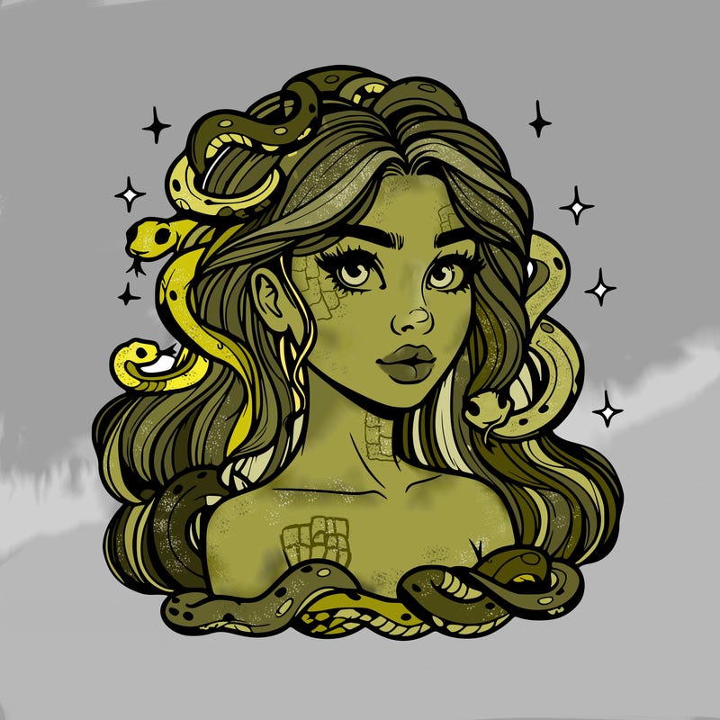realistic girl with snakes as hair