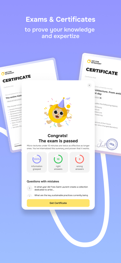Pantalla de la aplicación Introvert mostrando resultados de exámenes y certificados de cursos.