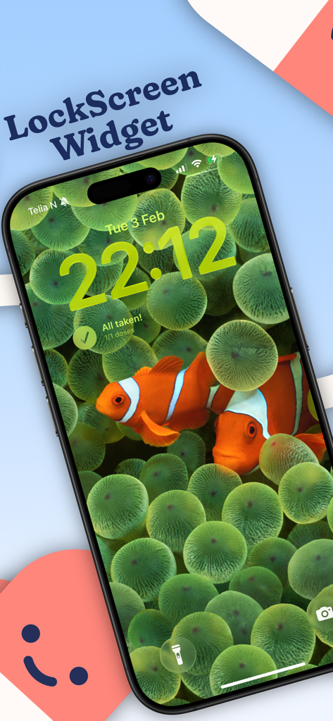 Pilla - Pill Reminder & Meds - Écran de verrouillage de l'iPhone affichant le widget de rappel de médicaments de l'application Pilla avec toutes les doses marquées comme prises.