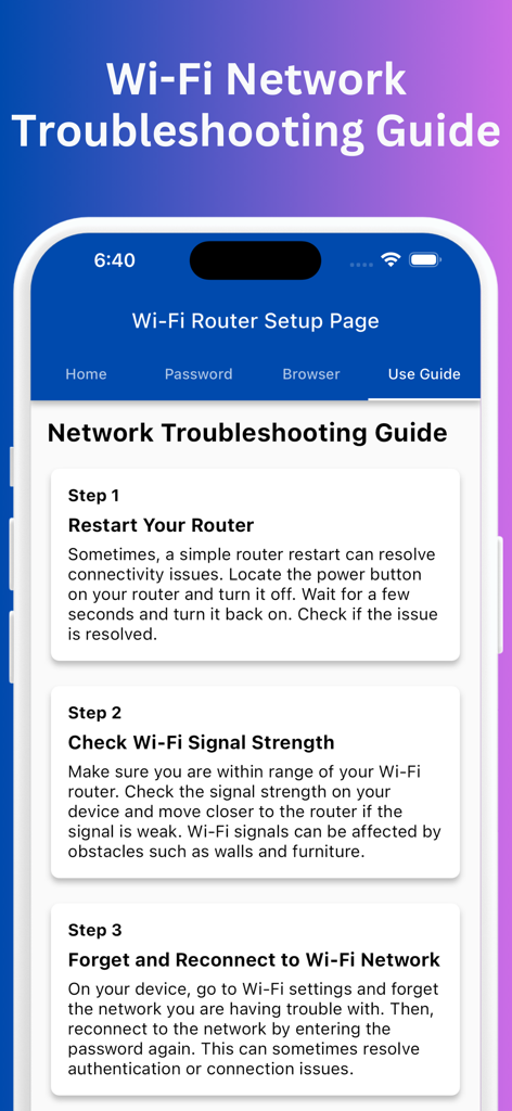 Router Setup Page Pro - Mobile app screen showing a three-step Wi-Fi network troubleshooting guide with instructions to restart the router and check signal strength