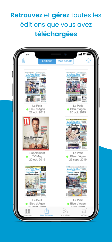 Journal Le Petit Bleu d'Agen - Un écran mobile montrant une grille d'éditions de journaux téléchargées dans la bibliothèque de l'application Le Petit Bleu d'Agen.
