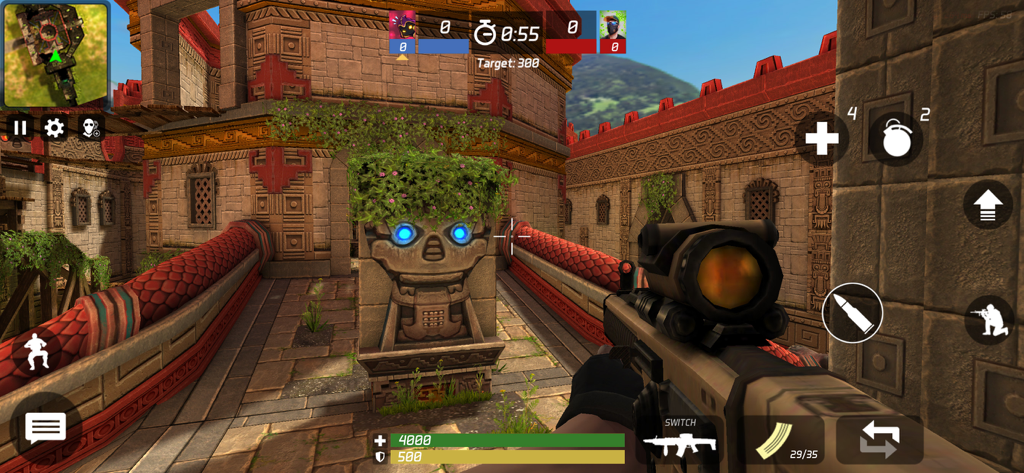 First person shooter gameplay in MaskGun showing a player holding a rifle on the Mayan temple map