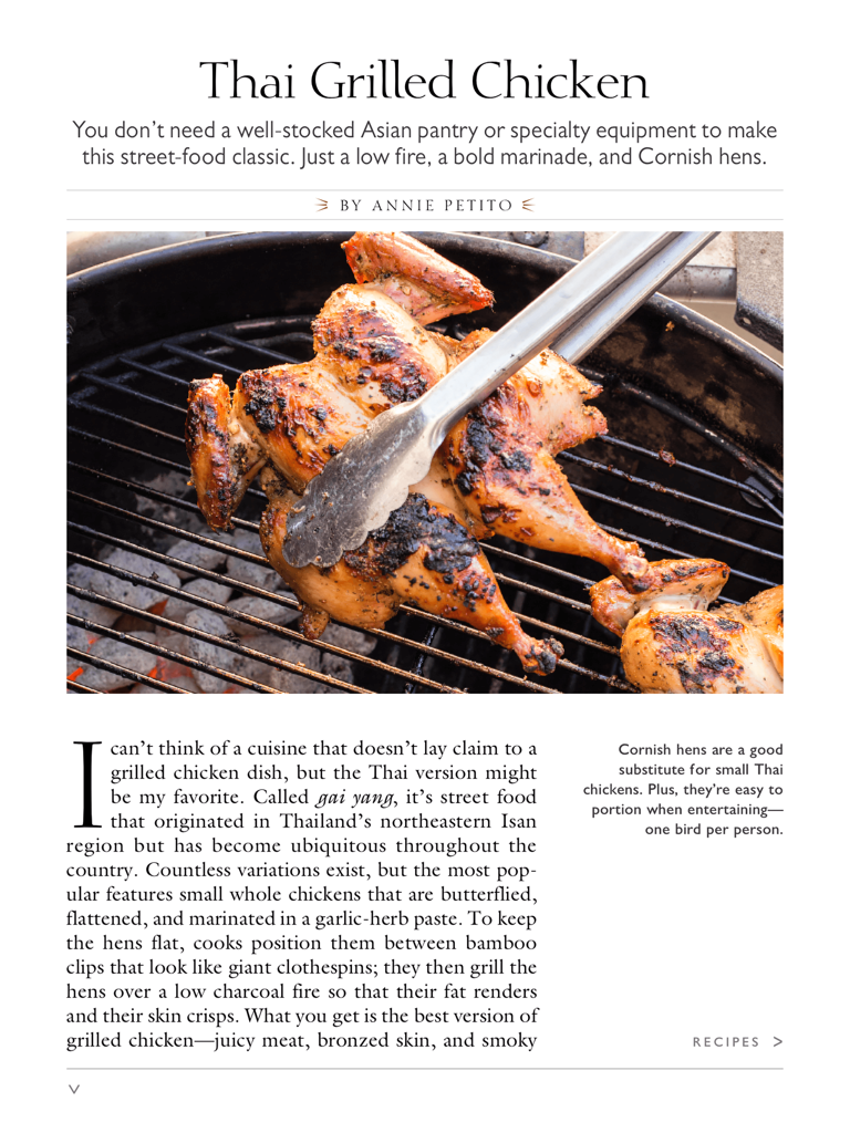 Thai grilled chicken recipe article in the Cooks Illustrated Magazine app featuring a photo of a whole chicken on a charcoal grill