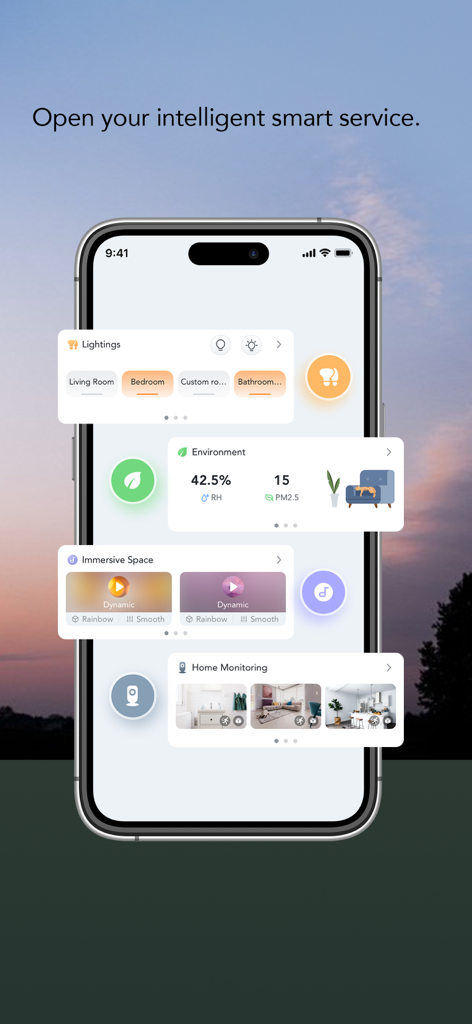 AiDot mobile app dashboard showing lighting environment and home monitoring controls on a smartphone screen