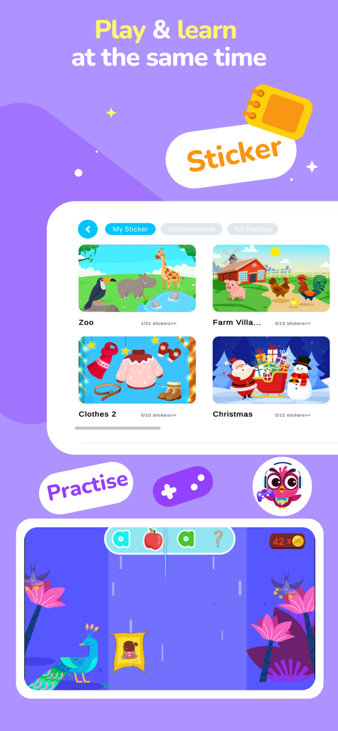 Babilala app interface featuring themed sticker rewards and an interactive English practice game for kids