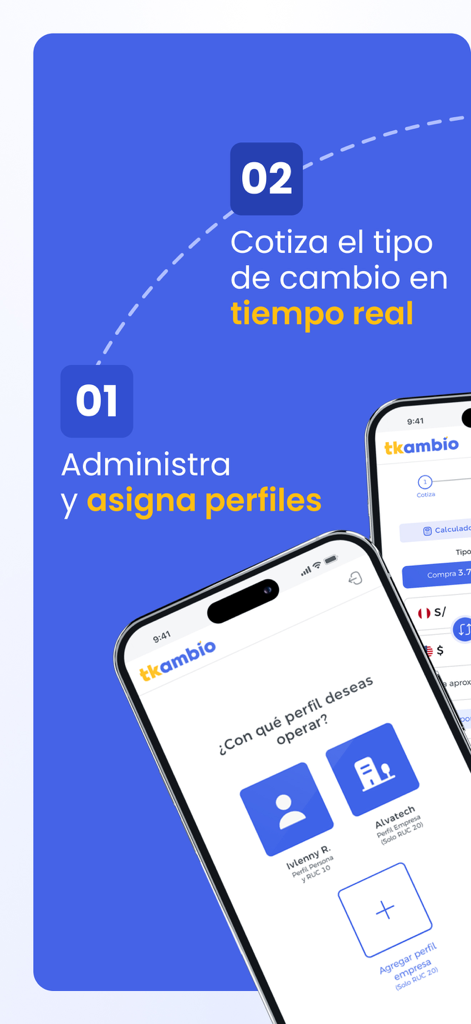 Schermata dell'app TKambio che mostra la gestione del profilo e le funzionalità delle tariffe di cambio in tempo reale.
