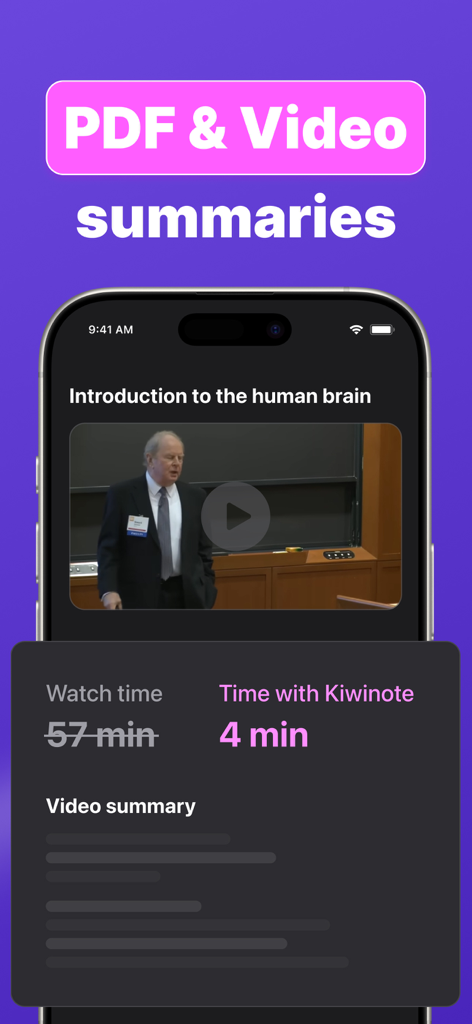 Interfaz de la aplicación Kiwinote que muestra el resumen de video con IA, reduciendo una conferencia de 57 minutos a 4 minutos de notas de estudio.