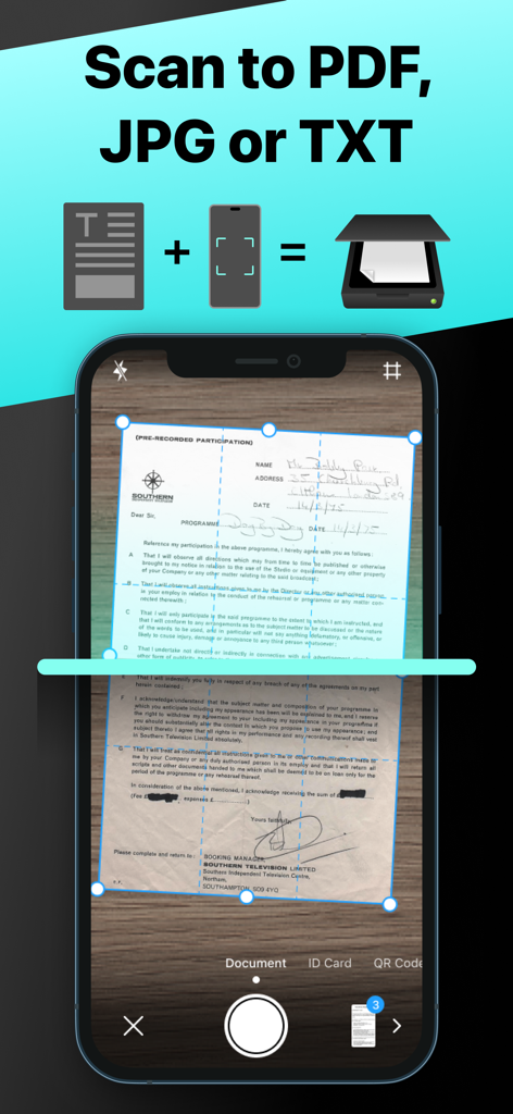 PDFgear Scan app interface showing a document being captured for conversion into PDF JPG or TXT formats