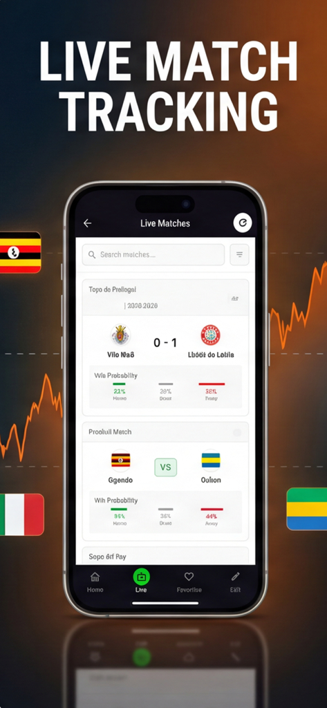 Live Scores & Predictions - PlanetPredict App-Oberfläche mit Live-Fußballergebnissen und Gewinnwahrscheinlichkeitsstatistiken auf einem Smartphone