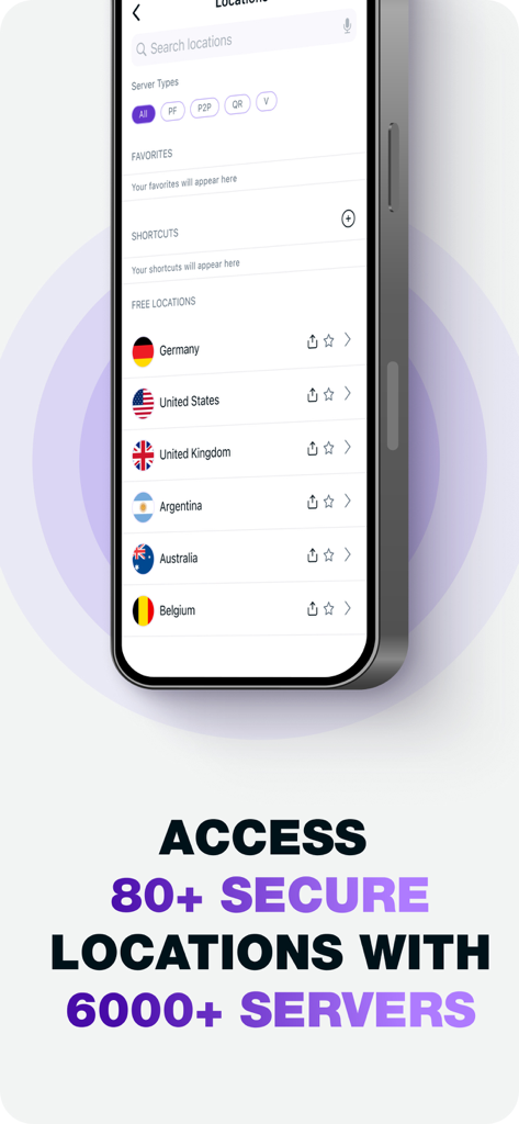 PureVPN: Fast and Secure VPN - PureVPN app interface displaying a list of global server locations and 6000 servers