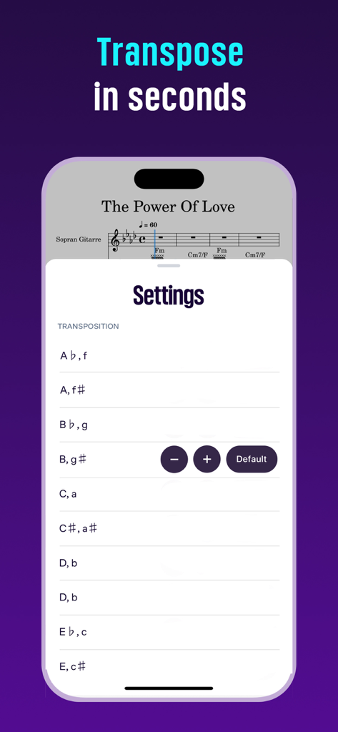 MuseScore: sheet music - MuseScore mobile app screen displaying the transposition tool for musical scores