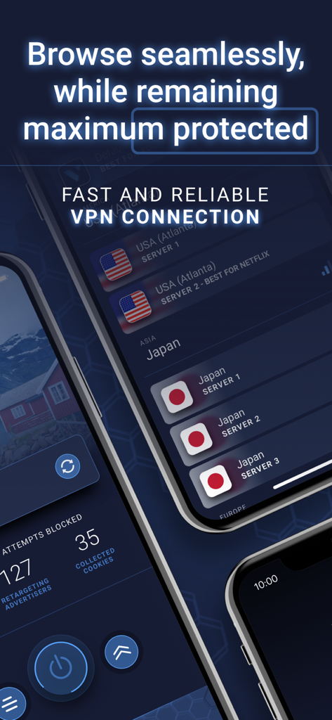 Interface de l'application VPN plus WiFi Super VPN montrant les options de serveurs mondiaux et les statistiques de blocage de sécurité