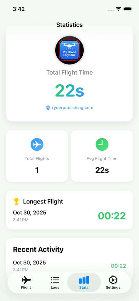 My Drone Log Books - Statistics dashboard of the My Drone Log Books app showing total flight time and recent flight activity logs
