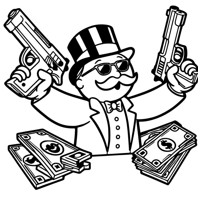 monopoly man holding guns and money