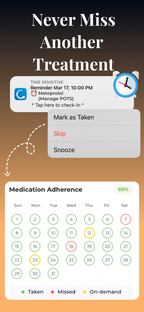 POTS Tracker - Tachycardia - Una notifica di promemoria per i farmaci e una vista del calendario di aderenza mensile nell'app POTS Tracker.