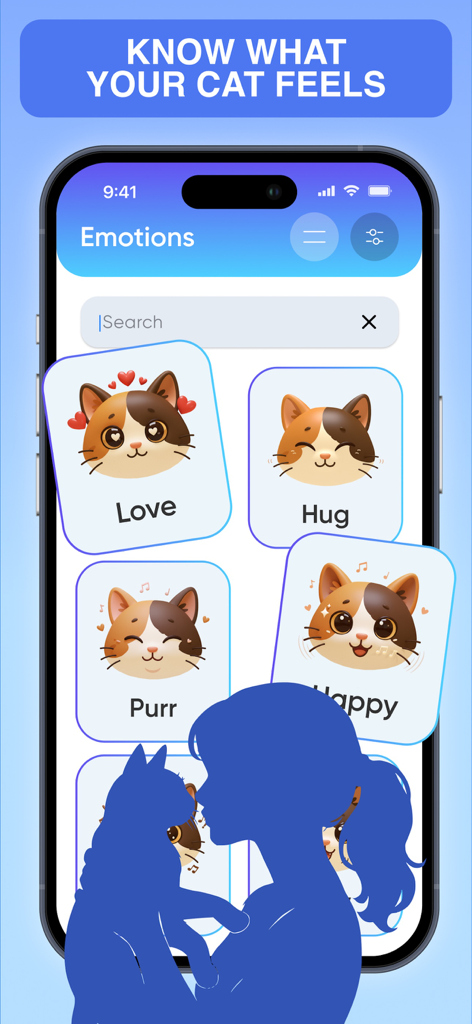 MeowLingo: Cat Translator - MeowLingo App-Bildschirm mit verschiedenen Karten für Katzenemotionen wie Liebe, Umarmung und Schnurren mit einer Katzensilhouette