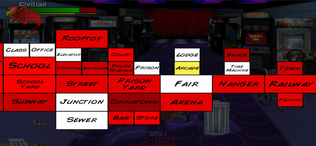 Extra Lives - A grid-based map interface showing various interconnected locations like school, prison, and arena in the game Extra Lives
