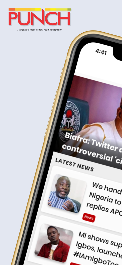 Punch News - Punch News mobile app interface showing latest Nigerian news headlines on an iPhone.