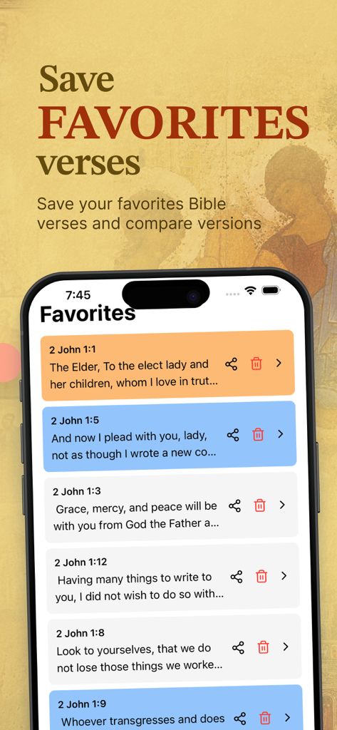 Eastern Orthodox Study Bible - Favorites screen of the Eastern Orthodox Study Bible app showing saved and highlighted scripture verses.