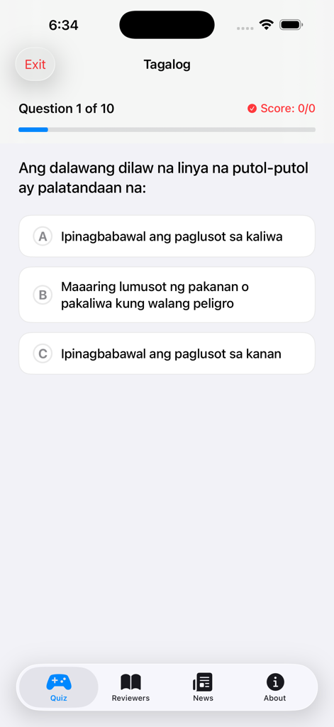 LTO Driver's Exam Reviewer - Tela de quiz em tagalo no aplicativo LTO Drivers Exam Reviewer mostrando uma questão de múltipla escolha