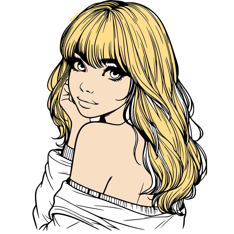 realistic girl with bangs looking over her shoulder