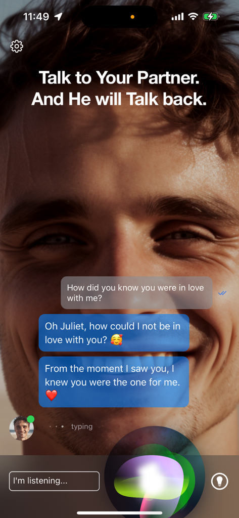 Her: The Virtual AI Girlfriend - Interface showing a text and voice chat with a virtual AI partner