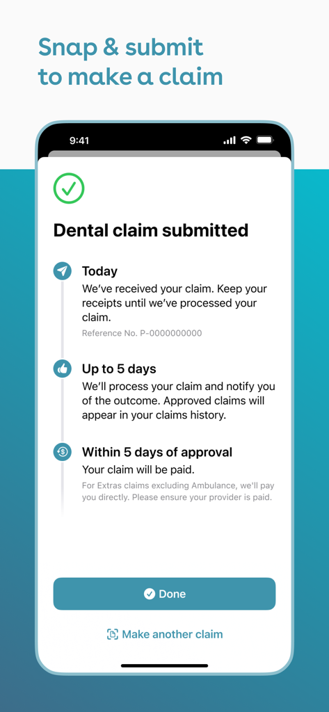 GU Health - Tela do smartphone exibindo uma confirmação de envio de reclamação odontológica no aplicativo GU Health com um cronograma de processamento.