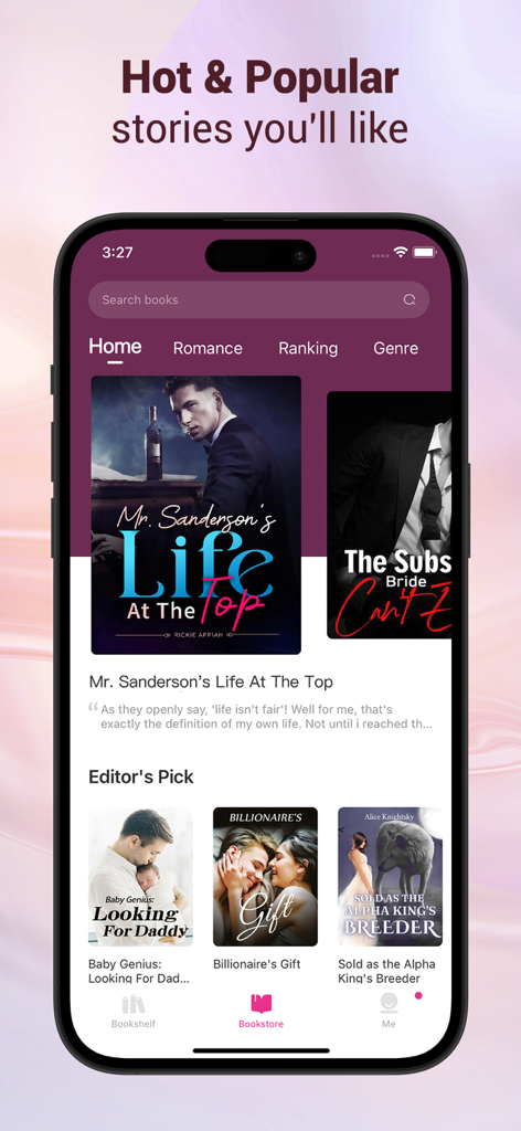 Oberfläche der Mobilis-App, die beliebte Liebes- und Milliardärsgeschichten zeigt.