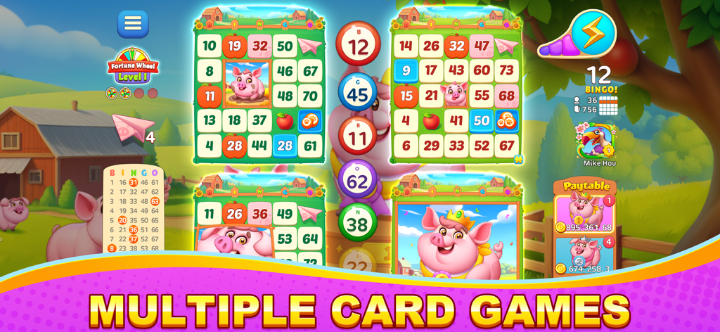 Bingo Wild-Classic Bingo Games - Gameplay of Bingo Wild showing four active cards with a cartoon pig farm theme