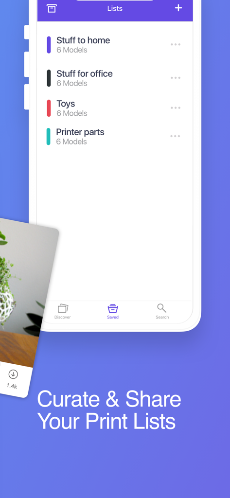 Mobile app interface showing organized lists of 3D printing models for home and office