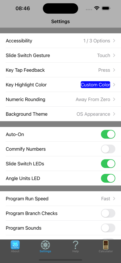 L'écran des paramètres de l'application GO-25 SciRPN montrant les options de personnalisation pour l'affichage de la calculatrice et les fonctionnalités de programmation