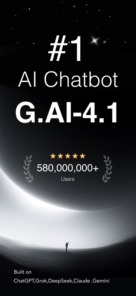 G.AI 4.1 —AI Chatbot Assistant - Tela de introdução para o Assistente Chatbot de IA G.AI 4.1 destacando sua avaliação máxima e integração com os principais modelos de IA como ChatGPT e Claude.