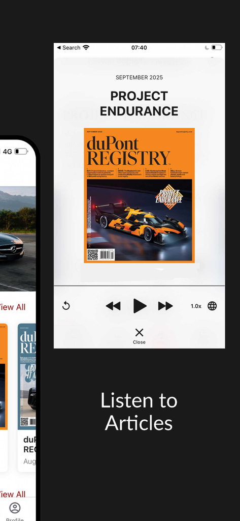 A mobile app interface for duPont REGISTRY Magazine showing a feature to listen to articles with audio playback controls.